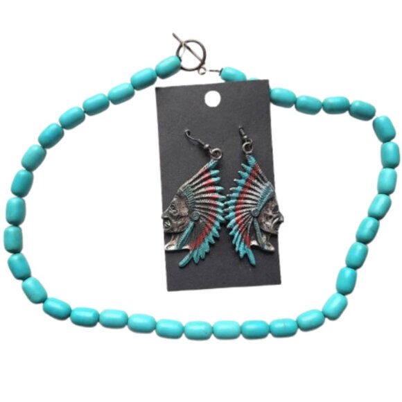 Silver Metal Indian Earrings & Blue Beaded Choker Necklace - 2-Piece Set - Picture 4 of 10